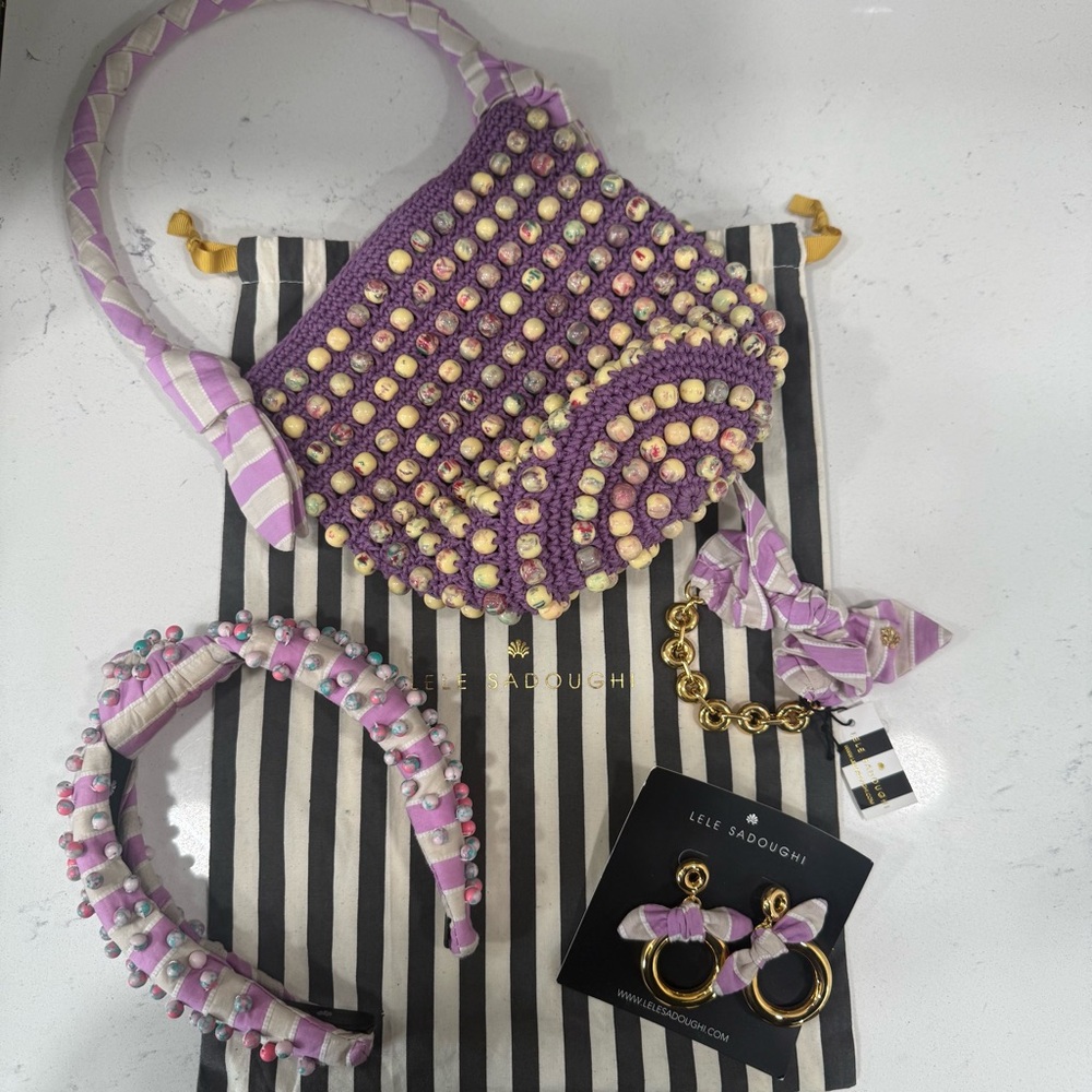 Lele Sadoughi Lavender and Cream Beaded Handbag Accessories Set